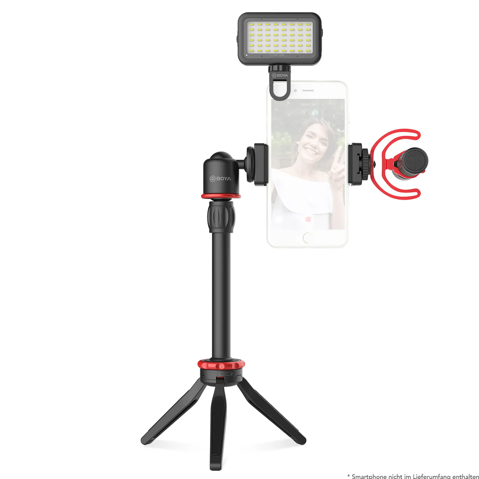 Walimex pro Boya VG350 Smartphone Video Kit - 100 x 26 x 26 mm / 2 kg Tragkraft - mit Mikrofon, Stativ, Smartphone Halterung und Leuchte - Video Zubehör für Vlogging, Streaming