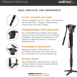 Walimex pro Cineast Mono Video Einbeinstativ höhenverstellbar bis 168 cm mit fluidgedämpftem 2-Wege Videoneiger