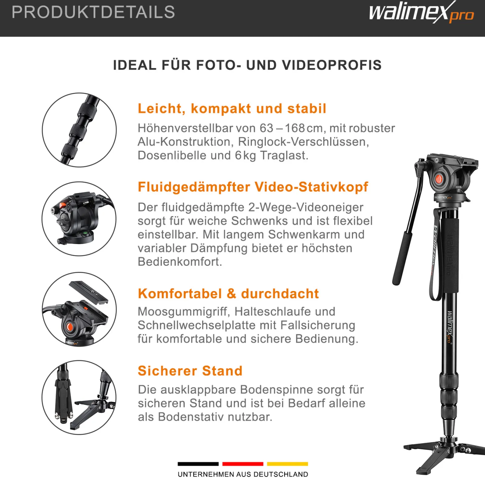 Walimex pro Cineast Mono Video Einbeinstativ höhenverstellbar bis 168 cm mit fluidgedämpftem 2-Wege Videoneiger