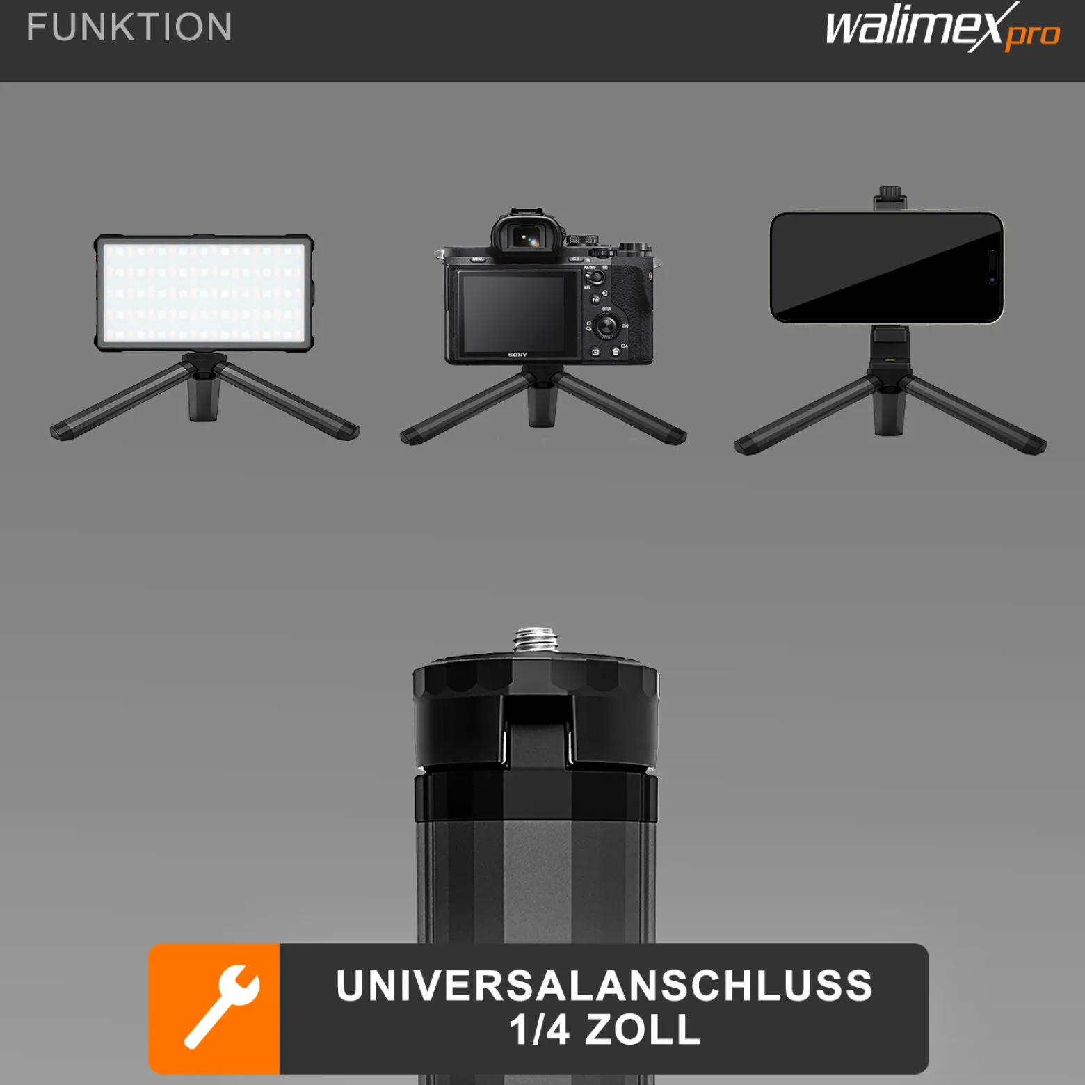 Walimex pro 12 cm Ministativ Premium Kompakt mit 1/4“ Anschluss, Mini Dreibein Kamerastativ bis 1,5 kg belastbar, Tripod Stativ für professionellen Gebrauch