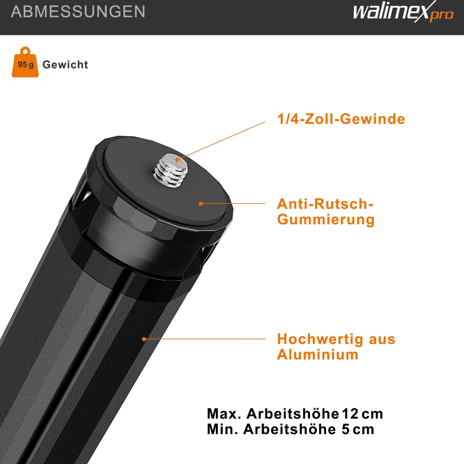 Walimex pro 12 cm Ministativ Premium Kompakt mit 1/4“ Anschluss, Mini Dreibein Kamerastativ bis 1,5 kg belastbar, Tripod Stativ für professionellen Gebrauch