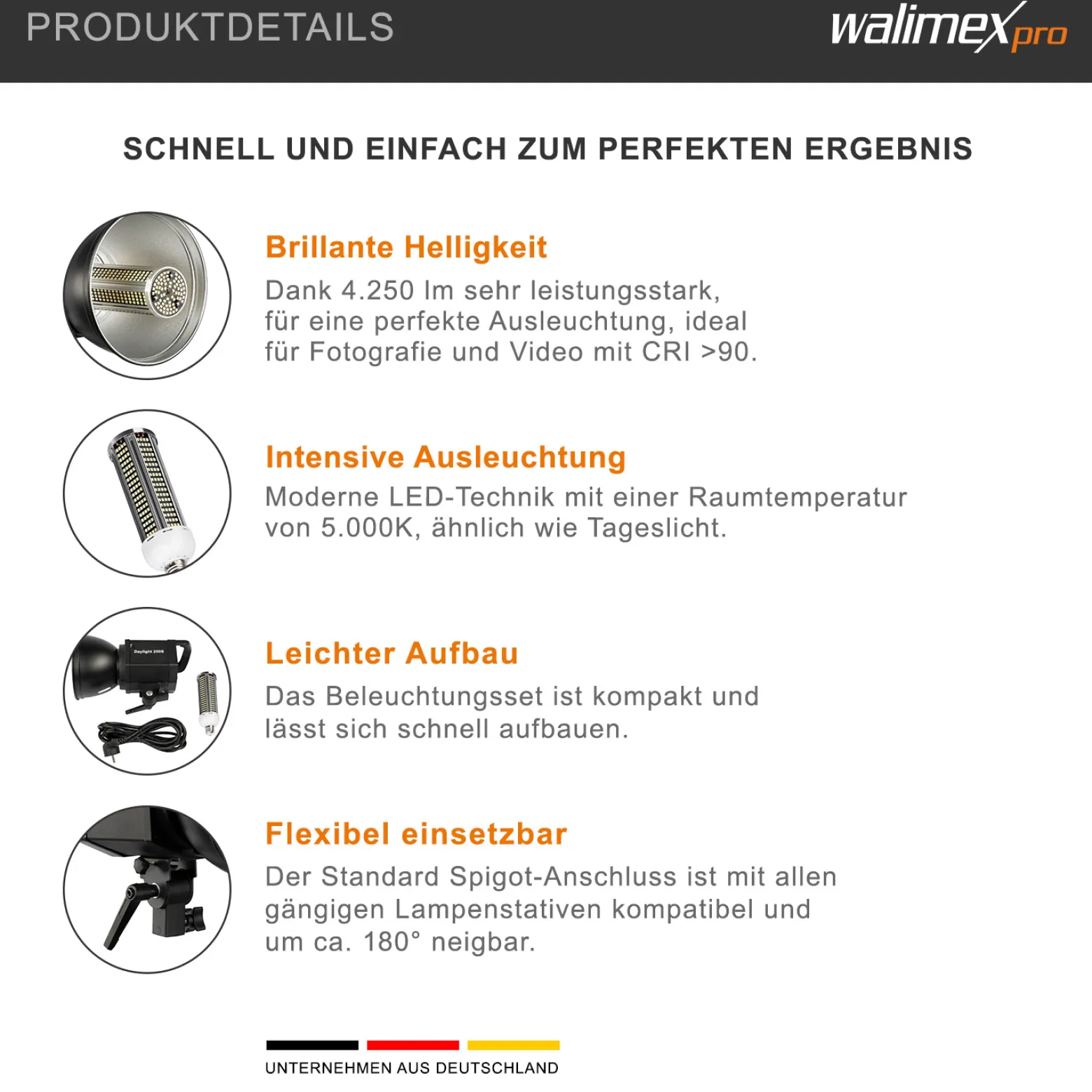 Walimex pro Daylight 250S Videoleuchte mit 35 W LED, Dauerlicht mit 5000 K Tageslicht, Studioleuchte mit Reflektor, Videolicht mit Bowens-Anschluss