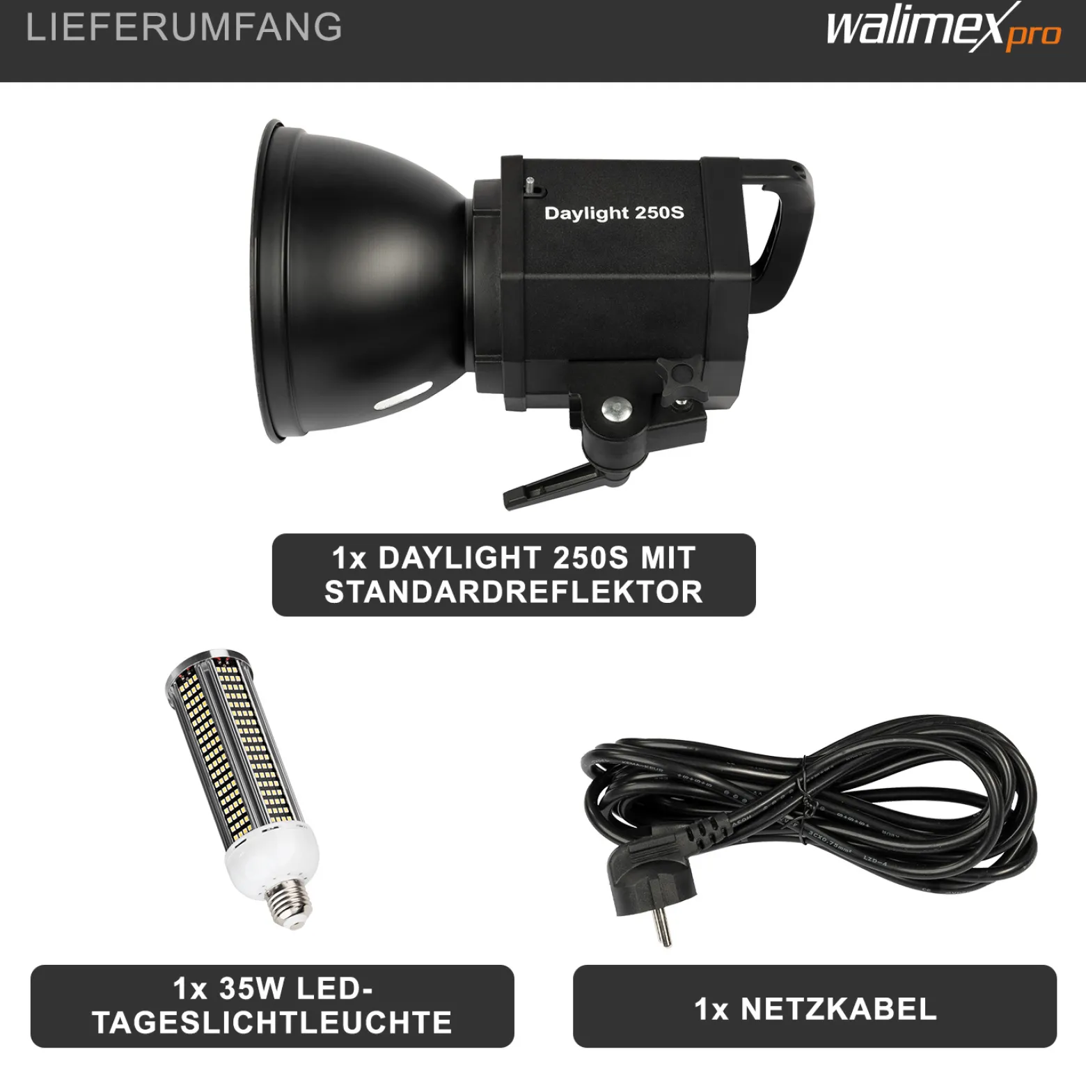 Walimex pro Daylight 250S Videoleuchte mit 35 W LED, Dauerlicht mit 5000 K Tageslicht, Studioleuchte mit Reflektor, Videolicht mit Bowens-Anschluss