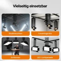 Walimex pro Deckenschienensystem 4 x 2,6 m Komplettset mit Schienen, 8 Deckenhaltern und 3 stufenlos ausziehbaren Scheren 40-215 cm bis zu 6 kg für effiziente Arbeit im Fotostudio freie Arbeitsfläche