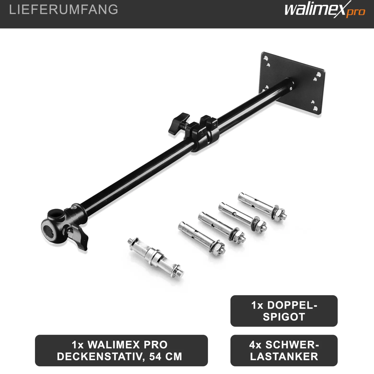 Walimex pro Deckenstativ 34-54 cm, Lichtstativ mit doppelseitigem 5/8" Spigot, Auslegerarm Halterung mit 1/4" u. 3/8" Gewinde, Lampenstativ belastbar bis 6 kg ideal für Videoleuchte, Softbox u. Kamera
