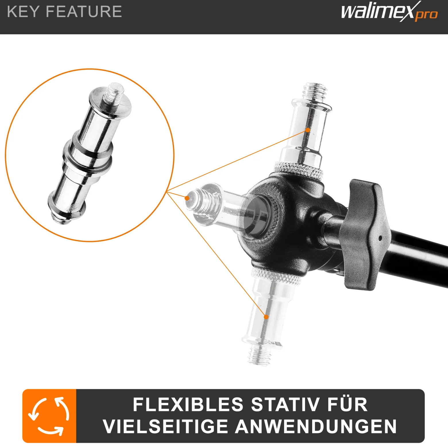 Walimex pro Deckenstativ 34-54 cm, Lichtstativ mit doppelseitigem 5/8" Spigot, Auslegerarm Halterung mit 1/4" u. 3/8" Gewinde, Lampenstativ belastbar bis 6 kg ideal für Videoleuchte, Softbox u. Kamera
