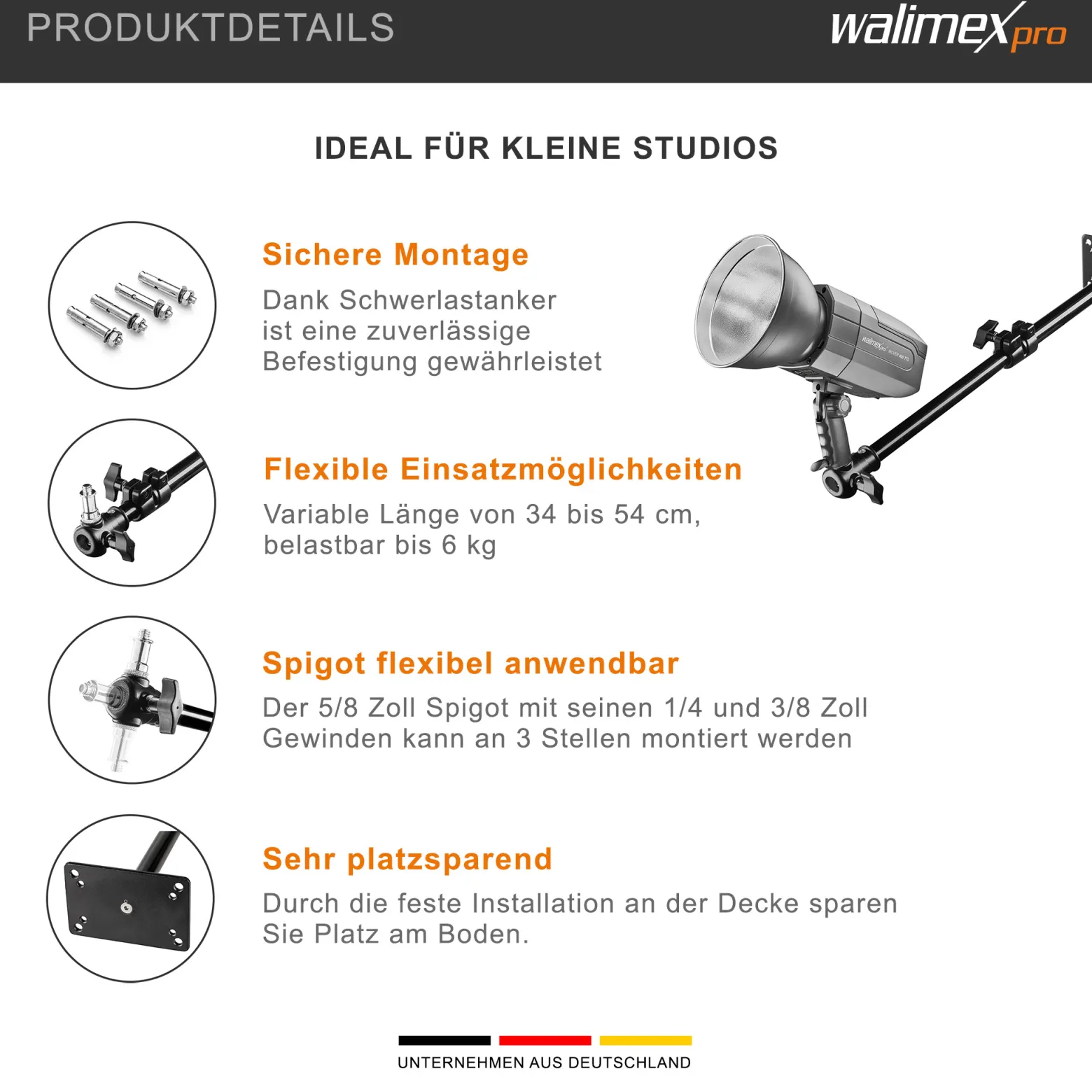 Walimex pro Deckenstativ 34-54 cm, Lichtstativ mit doppelseitigem 5/8" Spigot, Auslegerarm Halterung mit 1/4" u. 3/8" Gewinde, Lampenstativ belastbar bis 6 kg ideal für Videoleuchte, Softbox u. Kamera