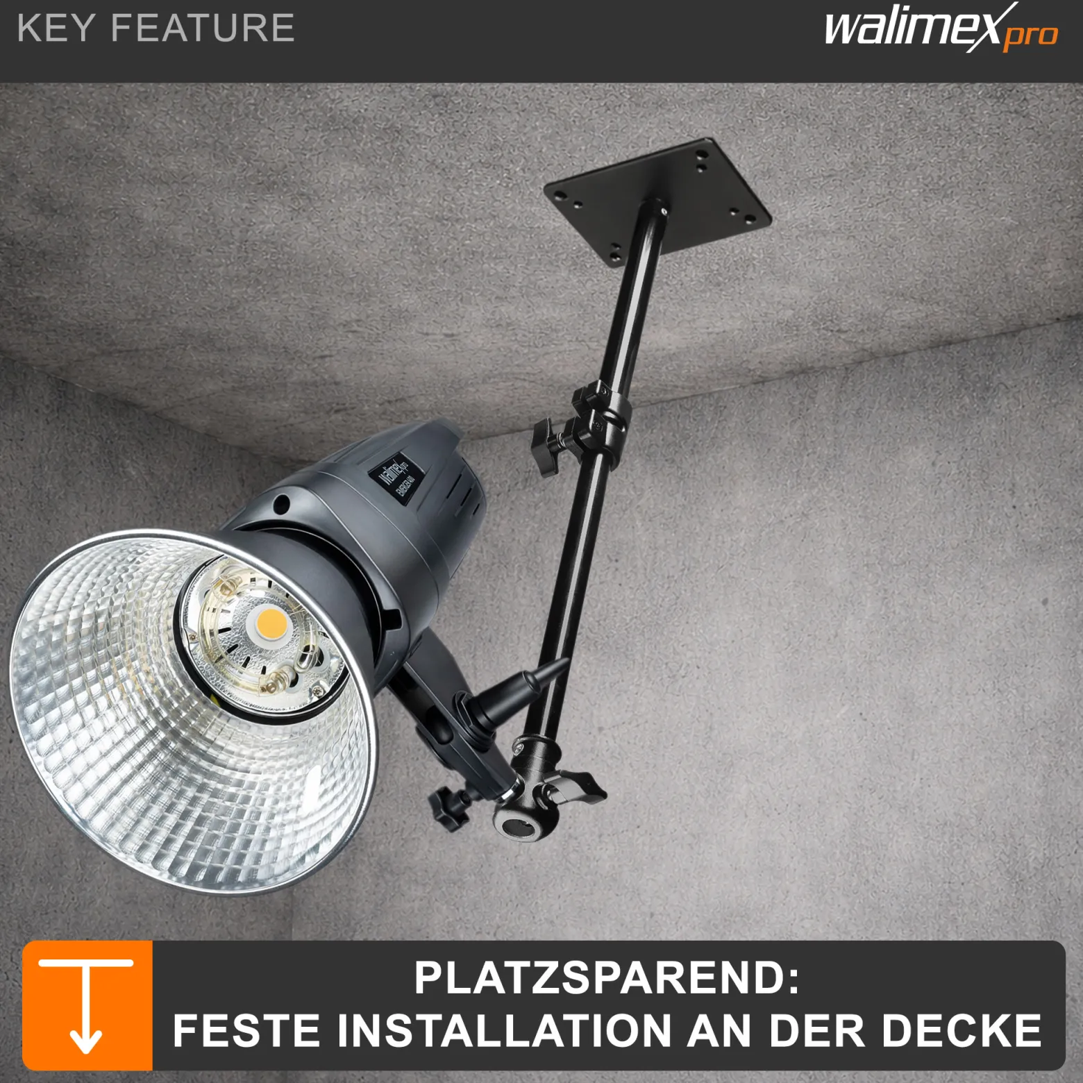 Walimex pro Deckenstativ 34-54 cm, Lichtstativ mit doppelseitigem 5/8" Spigot, Auslegerarm Halterung mit 1/4" u. 3/8" Gewinde, Lampenstativ belastbar bis 6 kg ideal für Videoleuchte, Softbox u. Kamera