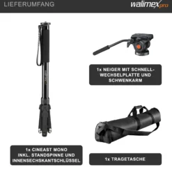 Walimex Pro Director Carbon Video Einbeinstativ höhenverstellbar bis 191 cm mit fluidgedämpftem 2-Wege Videoneiger