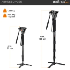 Walimex Pro Director Carbon Video Einbeinstativ höhenverstellbar bis 191 cm mit fluidgedämpftem 2-Wege Videoneiger