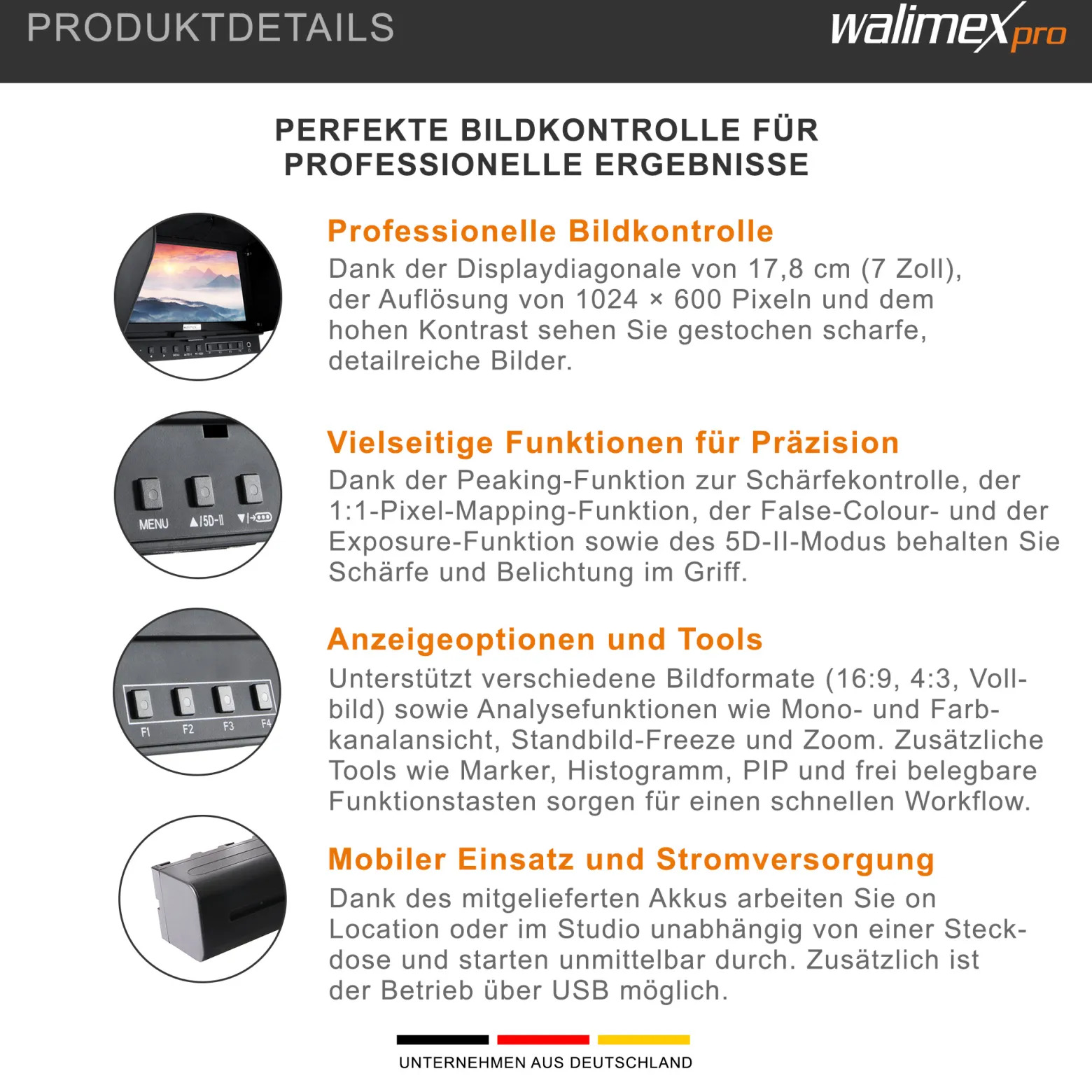 Walimex pro Director LCD HDMI Monitor - 50 x 200 x 141 mm / 7 Zoll / 16:9 / 4:3 - mit Akku und Sonnenblende - für Video DSLR Kamera