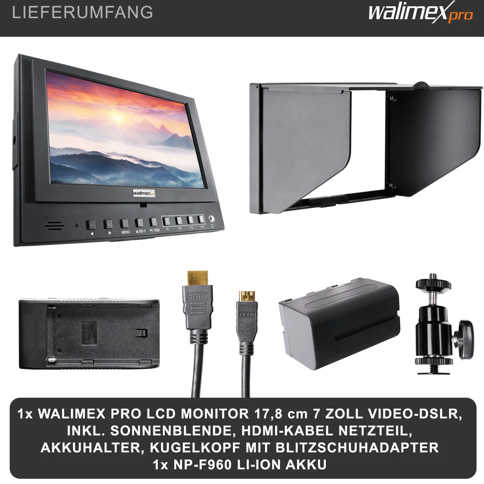 Walimex pro Director LCD HDMI Monitor - 50 x 200 x 141 mm / 7 Zoll / 16:9 / 4:3 - mit Akku und Sonnenblende - für Video DSLR Kamera