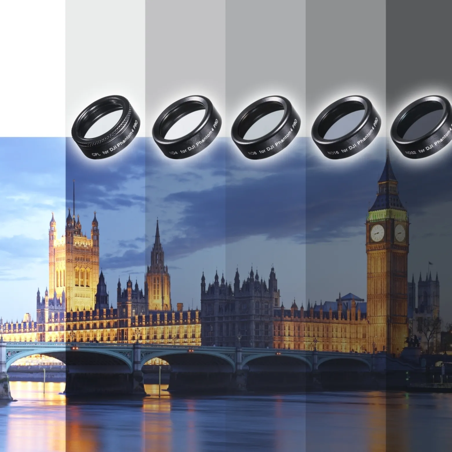 Walimex pro Drohnenfilter Set - mit CPL, ND 4, ND 8, ND 16, und Schutzhülle - für Drohnen Aufnahmen - kompatibel mit DJI Phantom 4 Pro - schwarz
