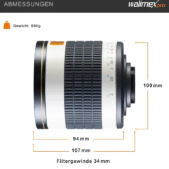 Walimex pro 500/6,3 DSLR Spiegel Objektiv, Kameraobjektiv mit 500 mm Brennweite, Spiegelobjektiv für Vollformat und APS-C Kamera, hochwertiges Kamera Equipment