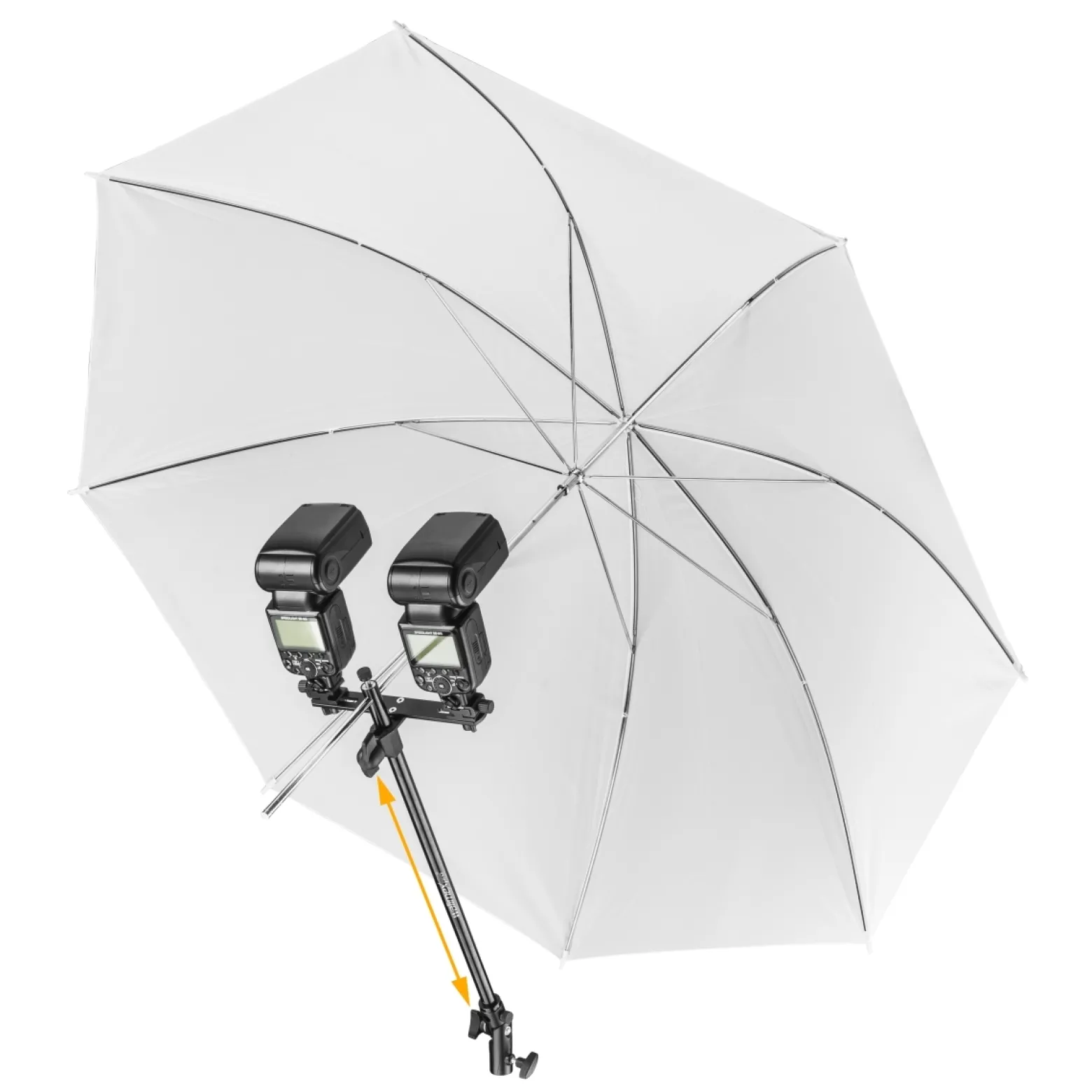 Walimex pro Dual Flash Bracket System mit Ausleger - mit 2x Blitzschuh, 2x Standaraufnahme für Lichtschirm, Feststellrad - Dualhalter Ausleger für Kamera Studio