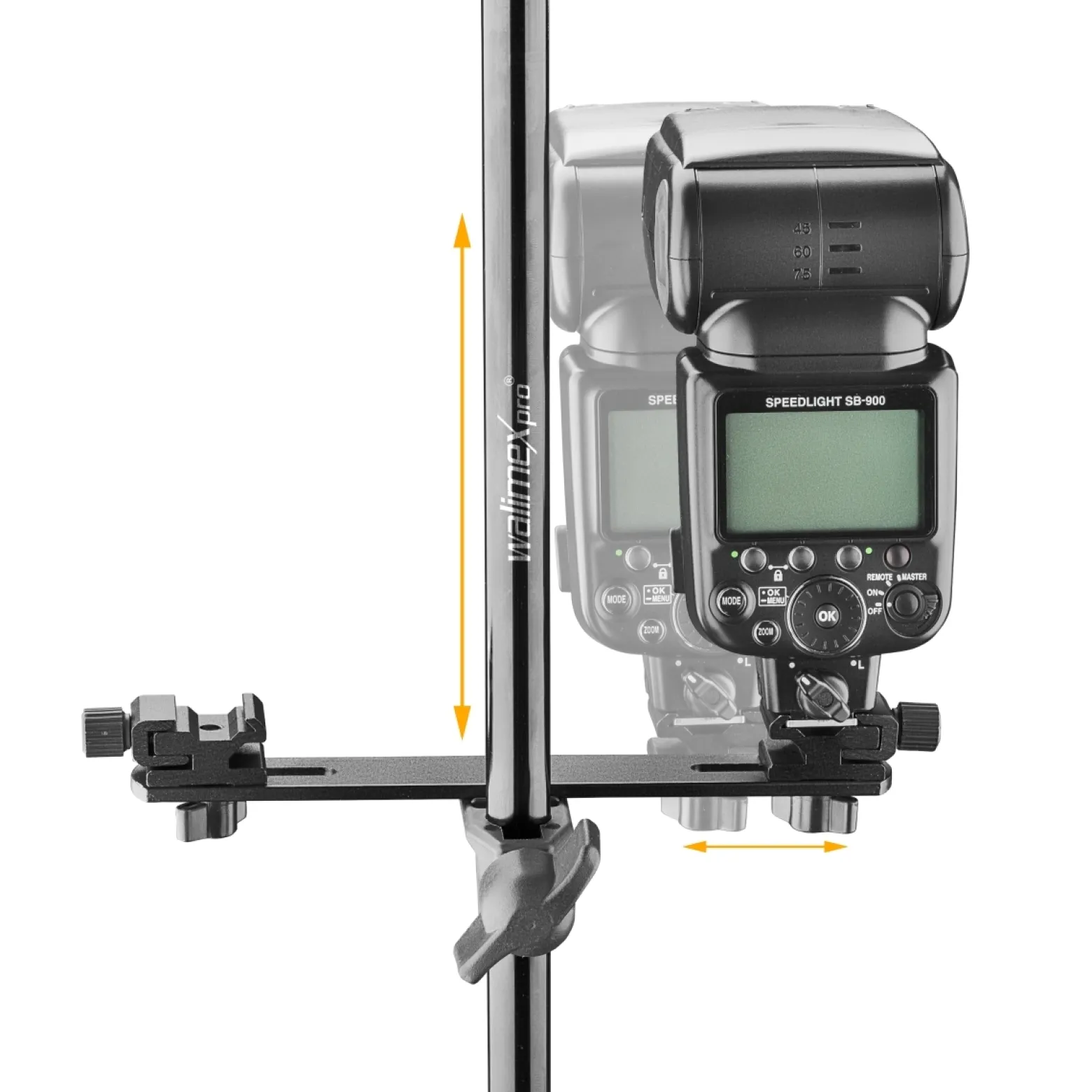 Walimex pro Dual Flash Bracket System mit Ausleger - mit 2x Blitzschuh, 2x Standaraufnahme für Lichtschirm, Feststellrad - Dualhalter Ausleger für Kamera Studio