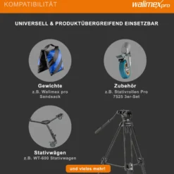 Walimex pro EI-9901 Pro 134 Videostativ - 730 x 160 x 160 mm / Max. Traglast 6 kg / Höhe 64-134 cm - mit Tasche - Dreibein Stativ für Foto Atelier und Studio - schwarz