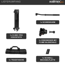 Walimex pro EI-9901 Pro 134 Videostativ - 730 x 160 x 160 mm / Max. Traglast 6 kg / Höhe 64-134 cm - mit Tasche - Dreibein Stativ für Foto Atelier und Studio - schwarz