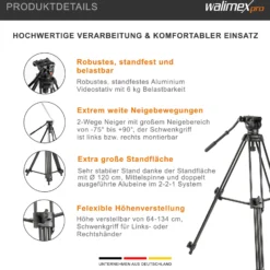 Walimex pro EI-9901 Pro 134 Videostativ - 730 x 160 x 160 mm / Max. Traglast 6 kg / Höhe 64-134 cm - mit Tasche - Dreibein Stativ für Foto Atelier und Studio - schwarz