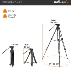 Walimex pro EI-9901 Pro 134 Videostativ - 730 x 160 x 160 mm / Max. Traglast 6 kg / Höhe 64-134 cm - mit Tasche - Dreibein Stativ für Foto Atelier und Studio - schwarz