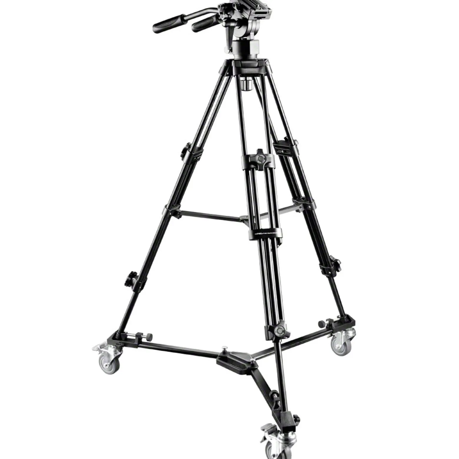 Walimex pro EI-9901 Video Pro Stativ - Belastbarkeit 6 kg / Höhe 64-134 cm - inkl. Stativwagen WT-600, feststellbare Rollen - mit Videoneiger, Mittelspinne, Stativtasche