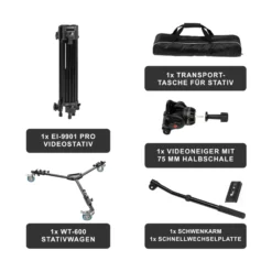 Walimex pro EI-9901 Video Pro Stativ - Belastbarkeit 6 kg / Höhe 64-134 cm - inkl. Stativwagen WT-600, feststellbare Rollen - mit Videoneiger, Mittelspinne, Stativtasche