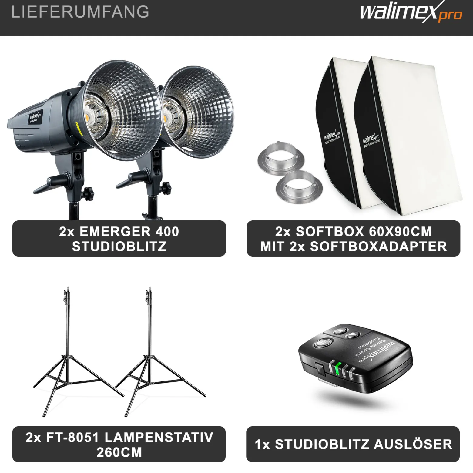 Walimex pro Emerger 400 Set Double 2 Studioblitze mit 400 Ws Blitzleistung, Blitzgerät mit 2,4 GHz Funk, mit Softboxen 60 x 90 cm und Lampenstative inkl. Transporttasche