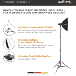 Walimex pro Emerger 400 Set Double 2 Studioblitze mit 400 Ws Blitzleistung, Blitzgerät mit 2,4 GHz Funk, mit Softboxen 60 x 90 cm und Lampenstative inkl. Transporttasche