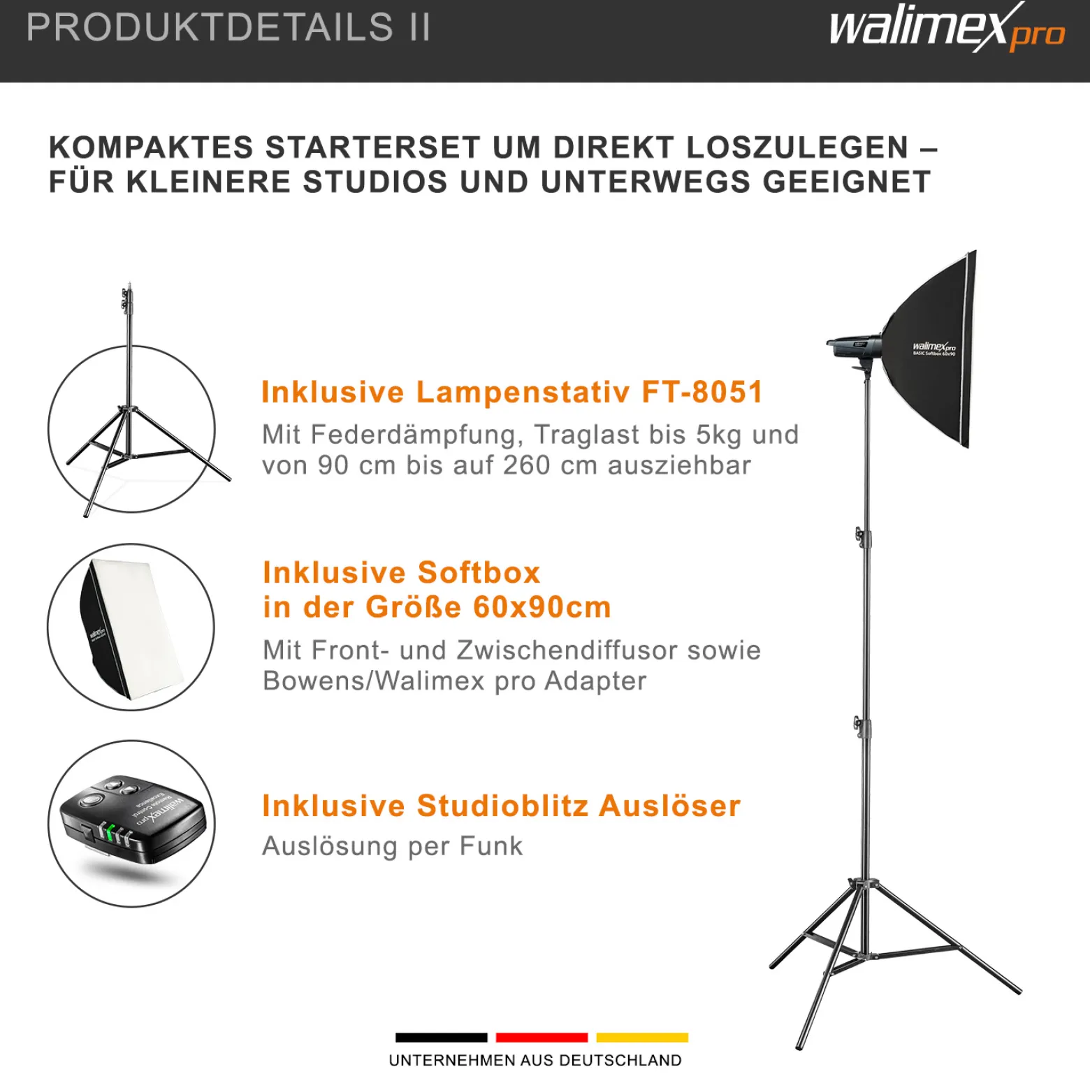Walimex pro Emerger 400 Set Double 2 Studioblitze mit 400 Ws Blitzleistung, Blitzgerät mit 2,4 GHz Funk, mit Softboxen 60 x 90 cm und Lampenstative inkl. Transporttasche