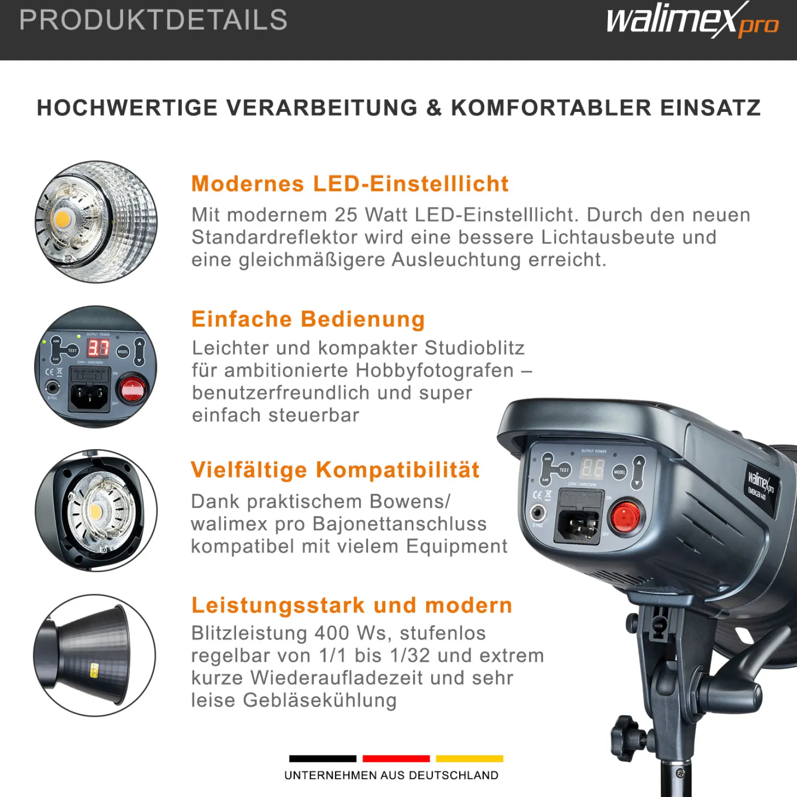Walimex pro Emerger 400 Set Single Studioblitz mit 400 Ws Blitzleistung, Blitzgerät mit 2,4 GHz Funk, mit Softbox 60 x 90 cm und Lampenstativ, inkl. Transporttasche