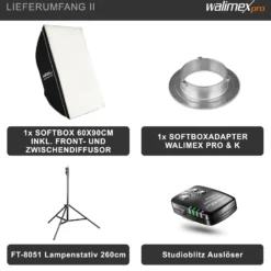 Walimex pro Emerger 200 Set Single Studioblitz mit 200 Ws Blitzleistung, Blitzgerät mit 2,4 GHz Funk, mit Softbox 60 x 90 cm und Lampenstativ, inkl. Transporttasche