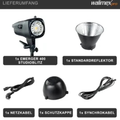 Walimex pro Emerger 400 Studioblitz mit 400 Ws Blitzleistung, Blitzgerät mit 2,4 GHz Funk, Fotoblitz mit kurzer Wiederaufladezeit, Blitzleuchte mit dimmbarem LED-Einstelllicht