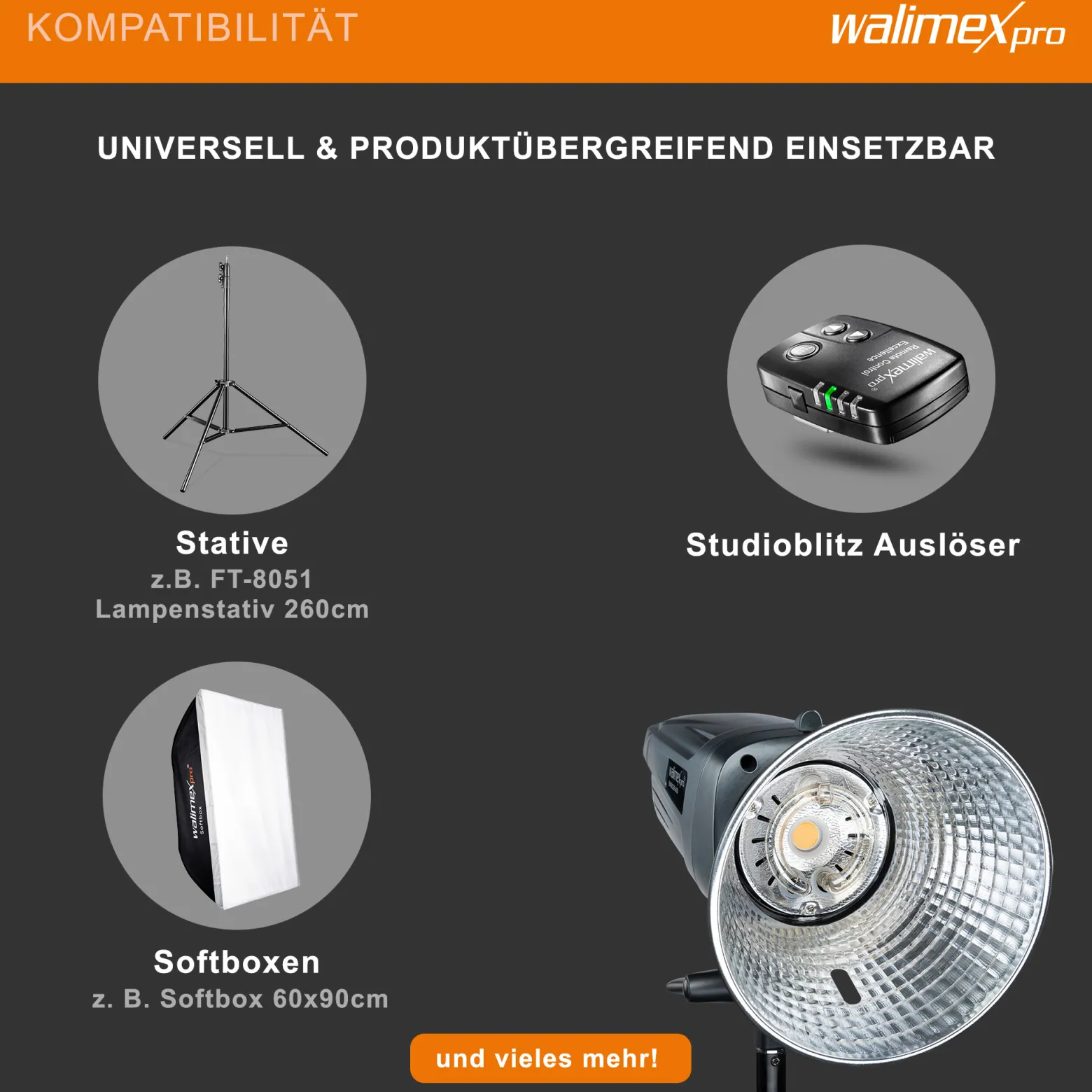 Walimex pro Emerger 400 Studioblitz mit 400 Ws Blitzleistung, Blitzgerät mit 2,4 GHz Funk, Fotoblitz mit kurzer Wiederaufladezeit, Blitzleuchte mit dimmbarem LED-Einstelllicht