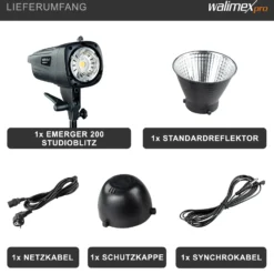 Walimex pro Emerger 200 Studioblitz mit 200 Ws Blitzleistung, Blitzgerät mit 2,4 GHz Funk, Fotoblitz mit kurzer Wiederaufladezeit, Blitzleuchte mit dimmbarem LED-Einstelllicht