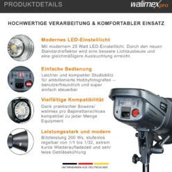 Walimex pro Emerger 200 Studioblitz mit 200 Ws Blitzleistung, Blitzgerät mit 2,4 GHz Funk, Fotoblitz mit kurzer Wiederaufladezeit, Blitzleuchte mit dimmbarem LED-Einstelllicht