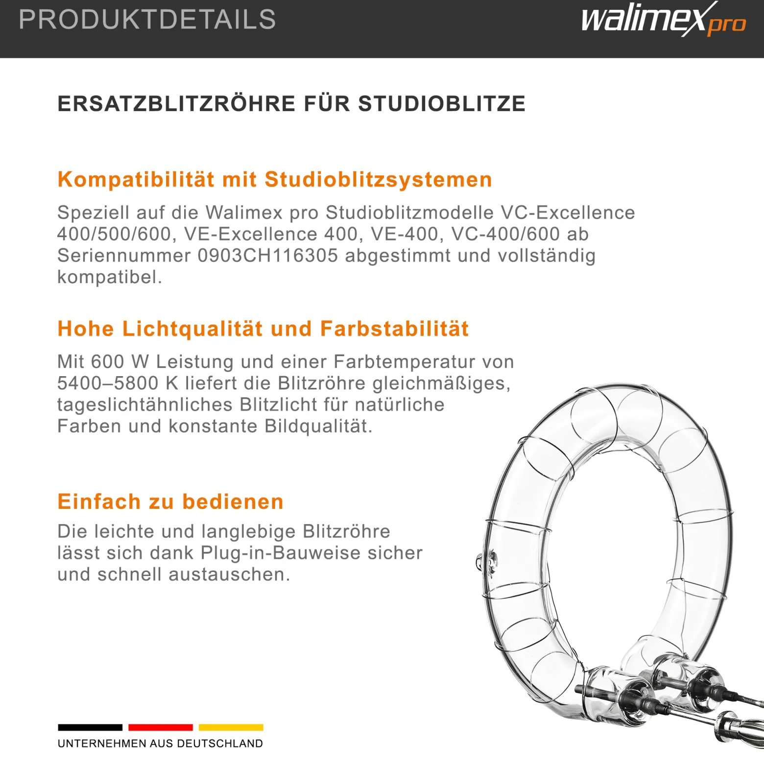 Walimex pro Ersatzblitzröhre für den Studioblitz VC-400/600 Typ 2, Leistungsaufnahme 600W, Farbtemperatur 5400-5800 K, Ersatz Blitz leicht zu wechseln