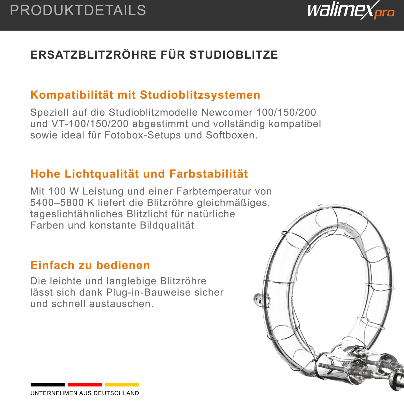 Walimex pro Ersatzblitzröhre für den Studioblitz Newcomer 100/150/200, VT-100/150/200, Leistungsaufnahme 100W, Farbtemperatur 5400-5800 K, Ersatz Blitz leicht zu wechseln