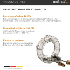 Walimex pro Ersatzblitzröhre für den Studioblitz Mover 200 TTL, Leistungsaufnahme 200W, Farbtemperatur 5400-5800 K, Ersatz Blitz leicht zu wechseln