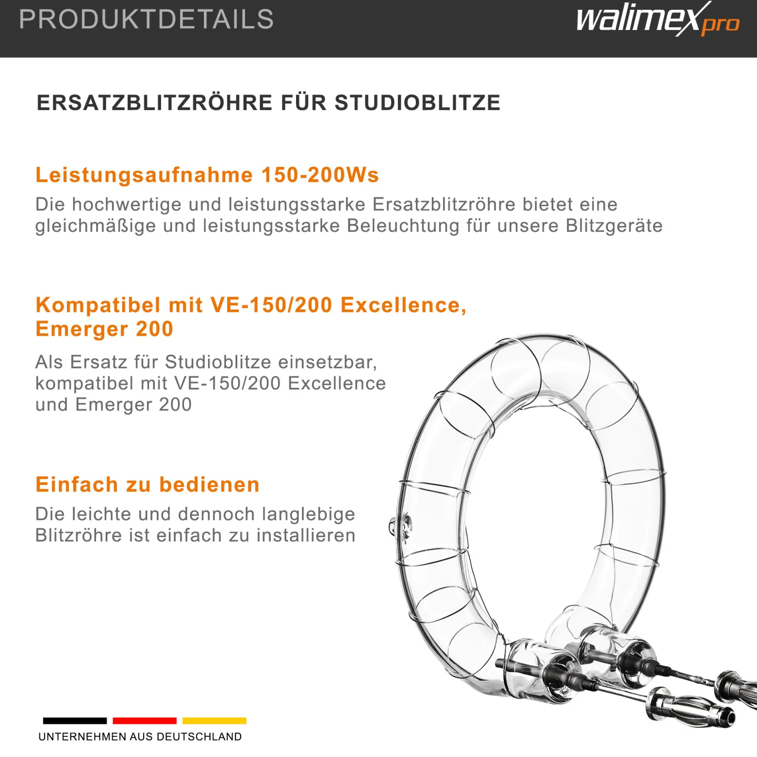 Walimex pro Ersatzblitzröhre für den Studioblitz Emerger 200 & VE-150/200, Leistungsaufnahme 150-200 W, Farbtemperatur 5400-5800 K, Ersatz Blitz leicht zu wechseln