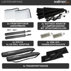 Walimex Pro 2er Set Softbox 40 x 60 cm mit 35 W LED inkl. 2 x FT-8051 Lampenstativ bis 260 cm Höhe, Studioleuchte 5000 K Tageslicht plus Lichtstativ mit Federdämpfung