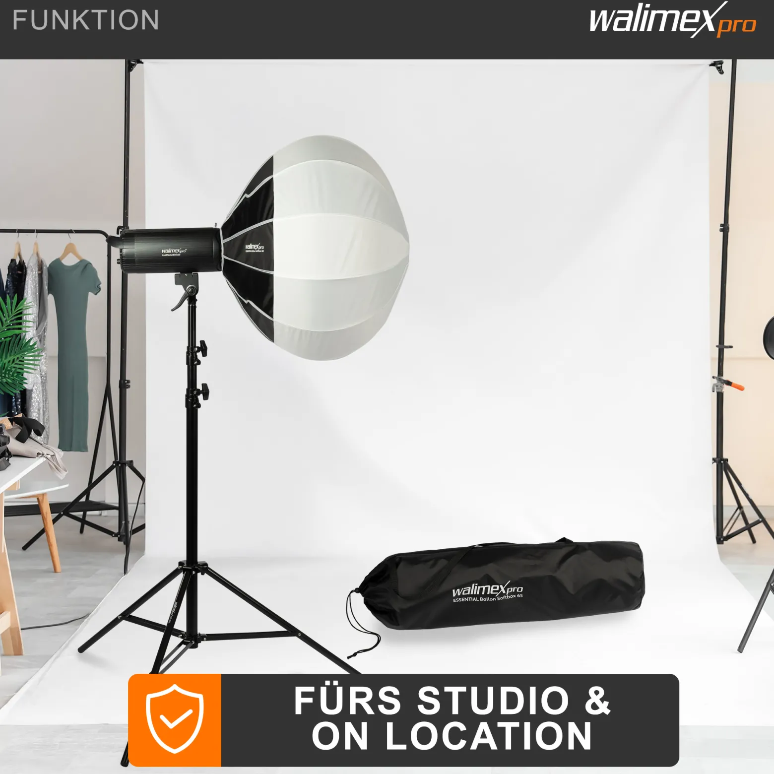 Walimex pro Essential Ballon Softbox 65cm, schnell öffnender 360° Lichtdiffusor, inkl. Bowens Adapter, kompatibel mit allen gängigen Blitz- und Dauerlichter mit Bowensanschluss
