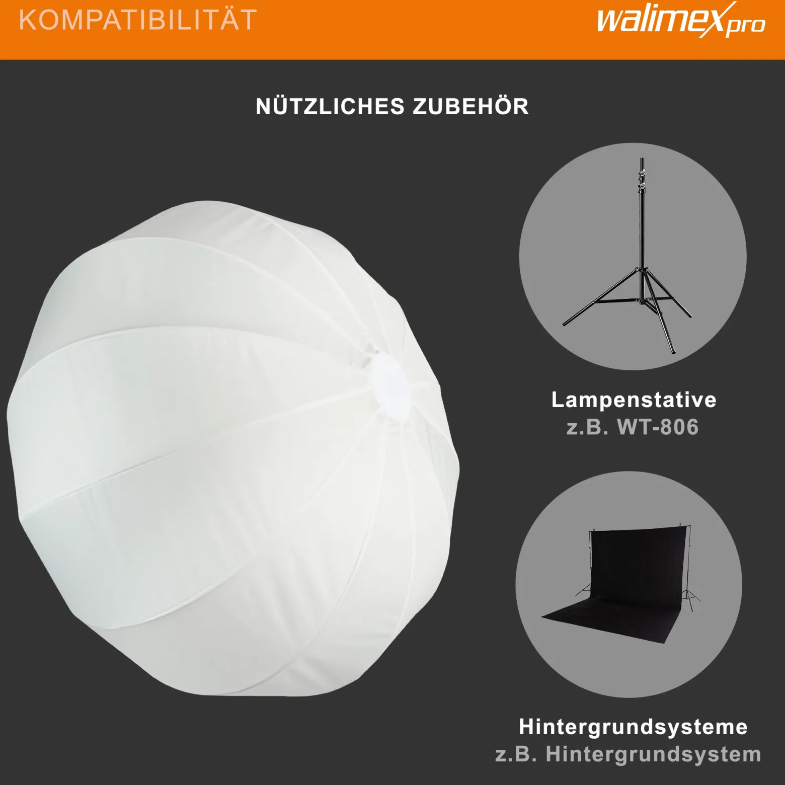Walimex pro Essential Ballon Softbox 65cm, schnell öffnender 360° Lichtdiffusor, inkl. Bowens Adapter, kompatibel mit allen gängigen Blitz- und Dauerlichter mit Bowensanschluss