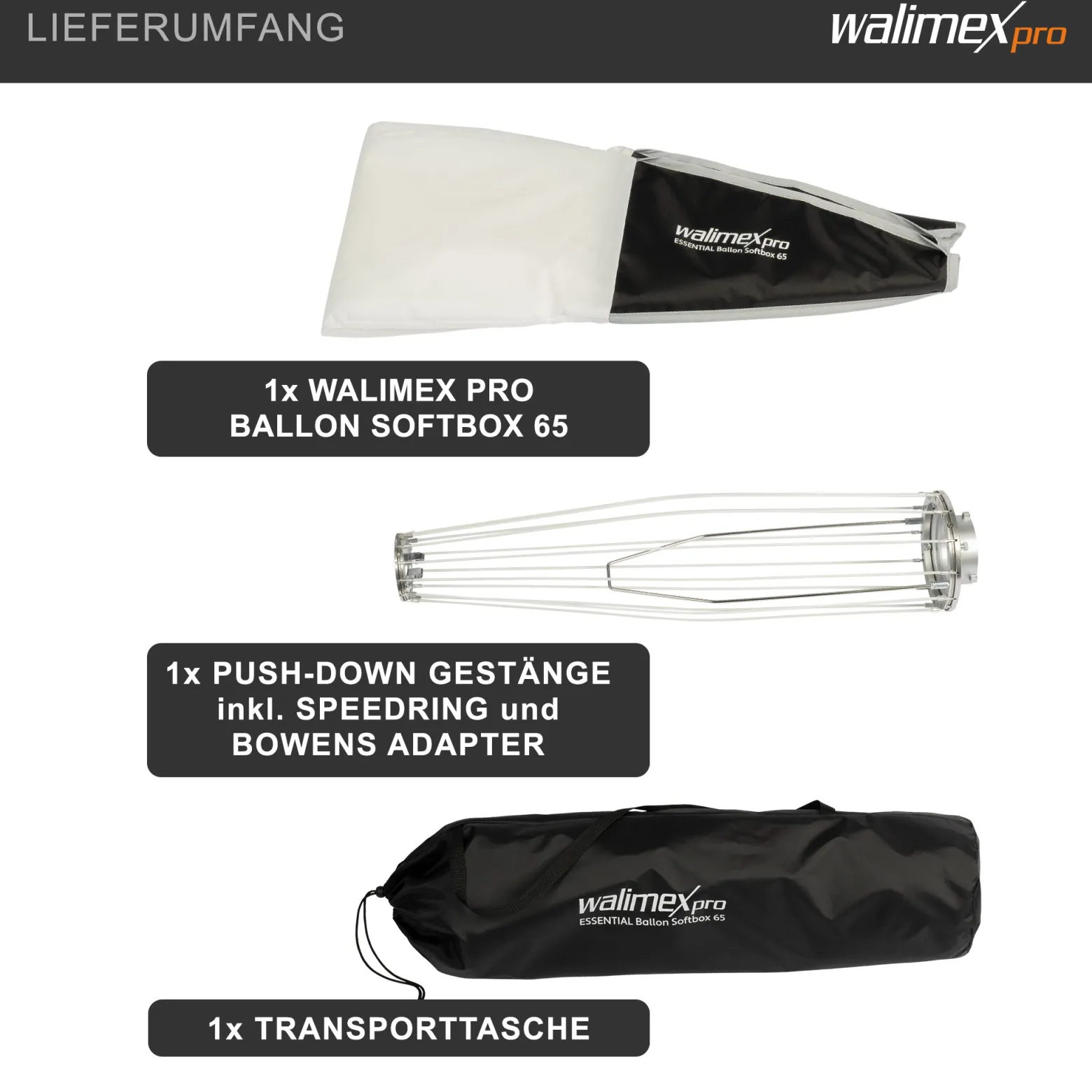 Walimex pro Essential Ballon Softbox 65cm, schnell öffnender 360° Lichtdiffusor, inkl. Bowens Adapter, kompatibel mit allen gängigen Blitz- und Dauerlichter mit Bowensanschluss