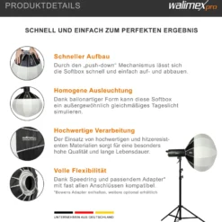 Walimex pro Essential Ballon Softbox 65cm, schnell öffnender 360° Lichtdiffusor, inkl. Bowens Adapter, kompatibel mit allen gängigen Blitz- und Dauerlichter mit Bowensanschluss