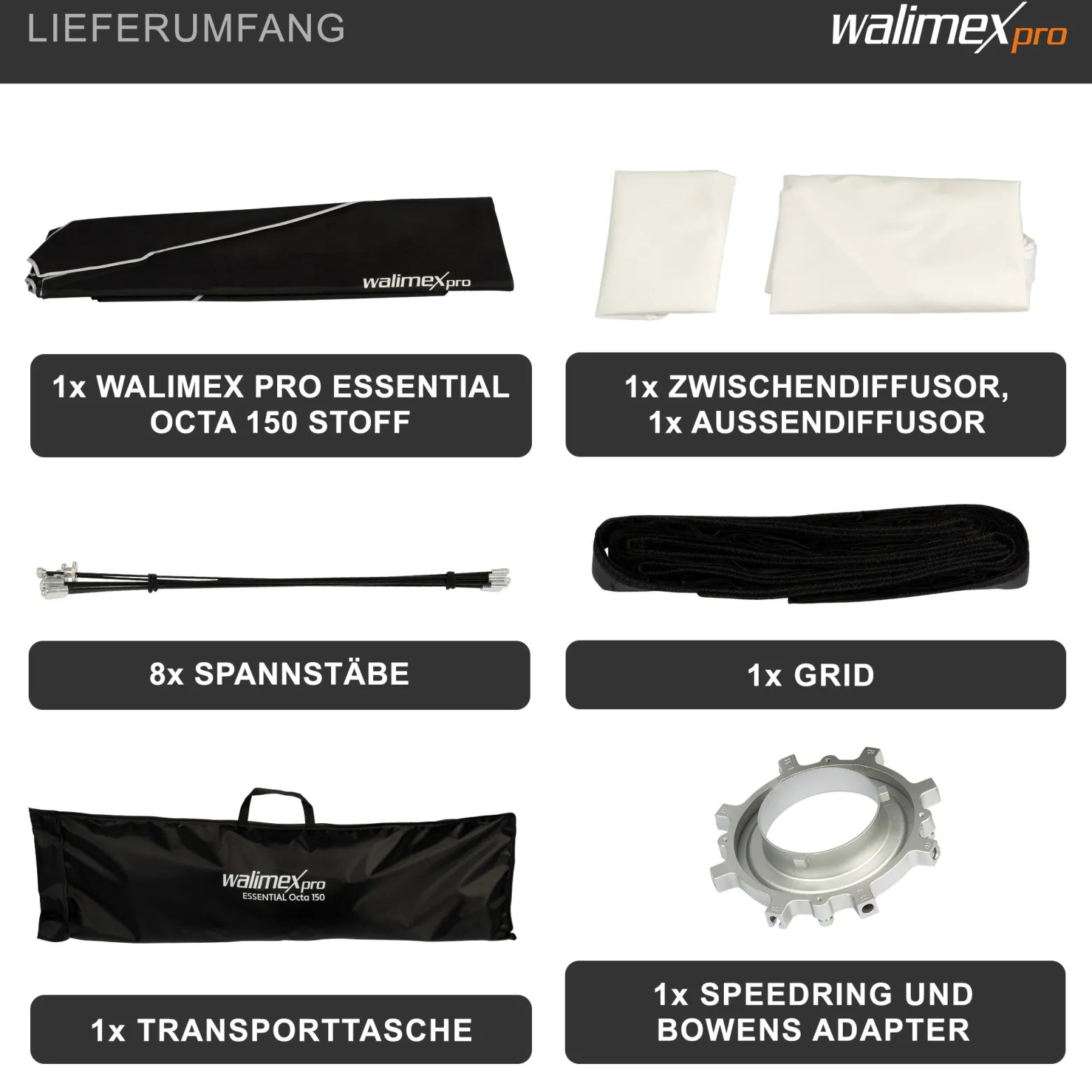 Walimex pro Essential Softbox Octagon 150cm, um 360° drehbar, einfacher Aufbau, inkl. Grid, Bowens Adapter und Transporttasche, ideal für Porträts und Beauty-Aufnahmen
