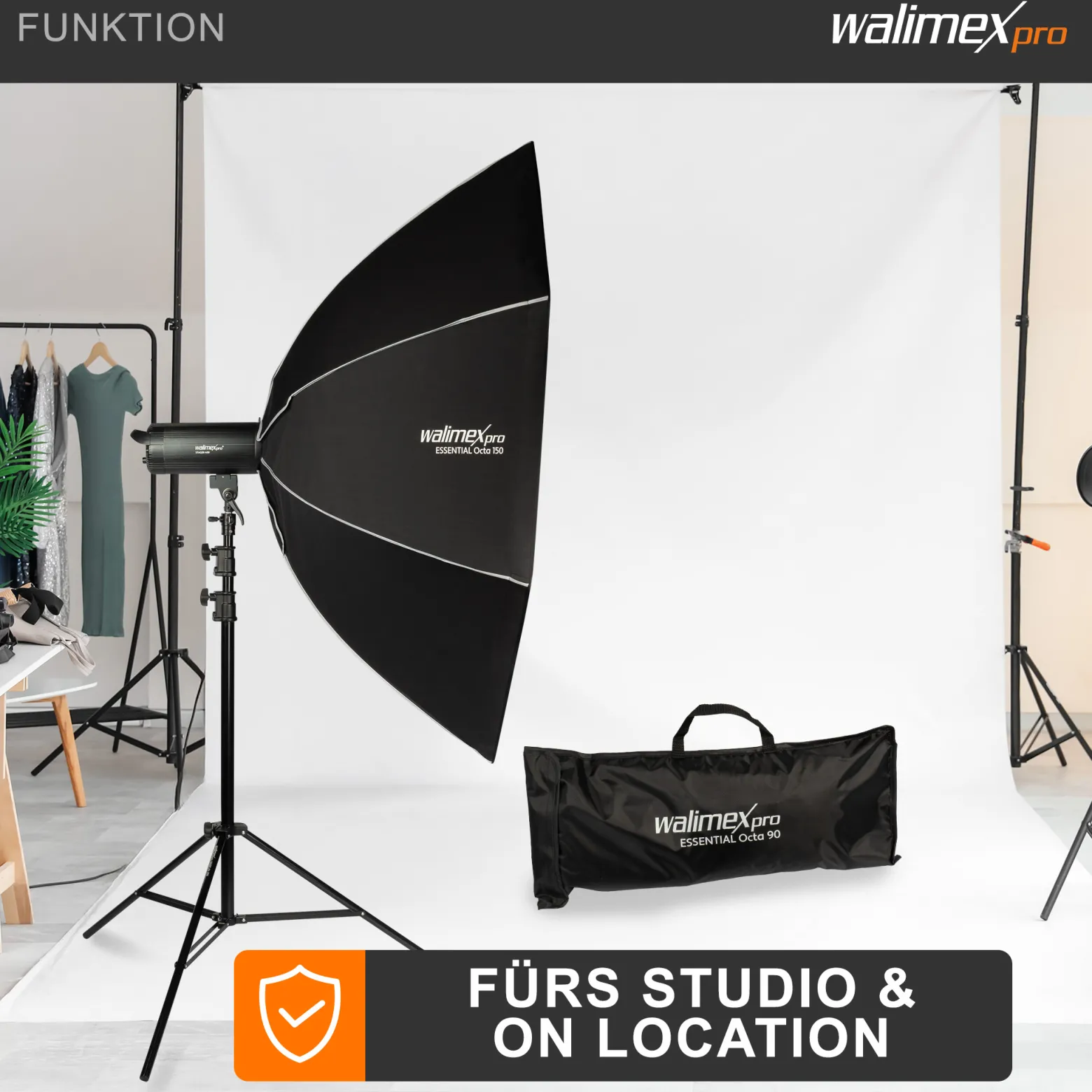 Walimex pro Essential Softbox Octagon 150cm, um 360° drehbar, einfacher Aufbau, inkl. Grid, Bowens Adapter und Transporttasche, ideal für Porträts und Beauty-Aufnahmen