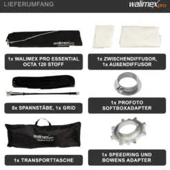 Walimex pro Essential Softbox Octagon 120cm + Adapter Profoto 15,2cm, 360°, einfacher Aufbau, inkl. Grid, Bowens Adapter und Transporttasche, ideal für Porträts und Beauty-Aufnahmen