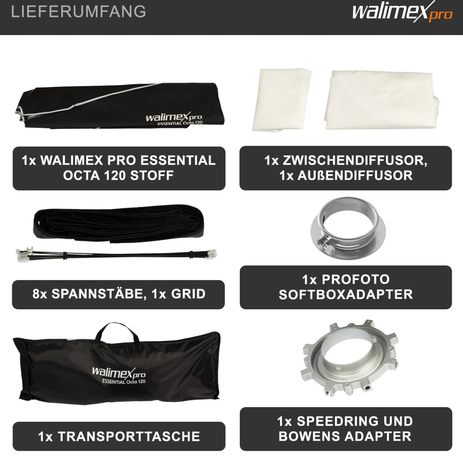 Walimex pro Essential Softbox Octagon 120cm + Adapter Profoto 15,2cm, 360°, einfacher Aufbau, inkl. Grid, Bowens Adapter und Transporttasche, ideal für Porträts und Beauty-Aufnahmen
