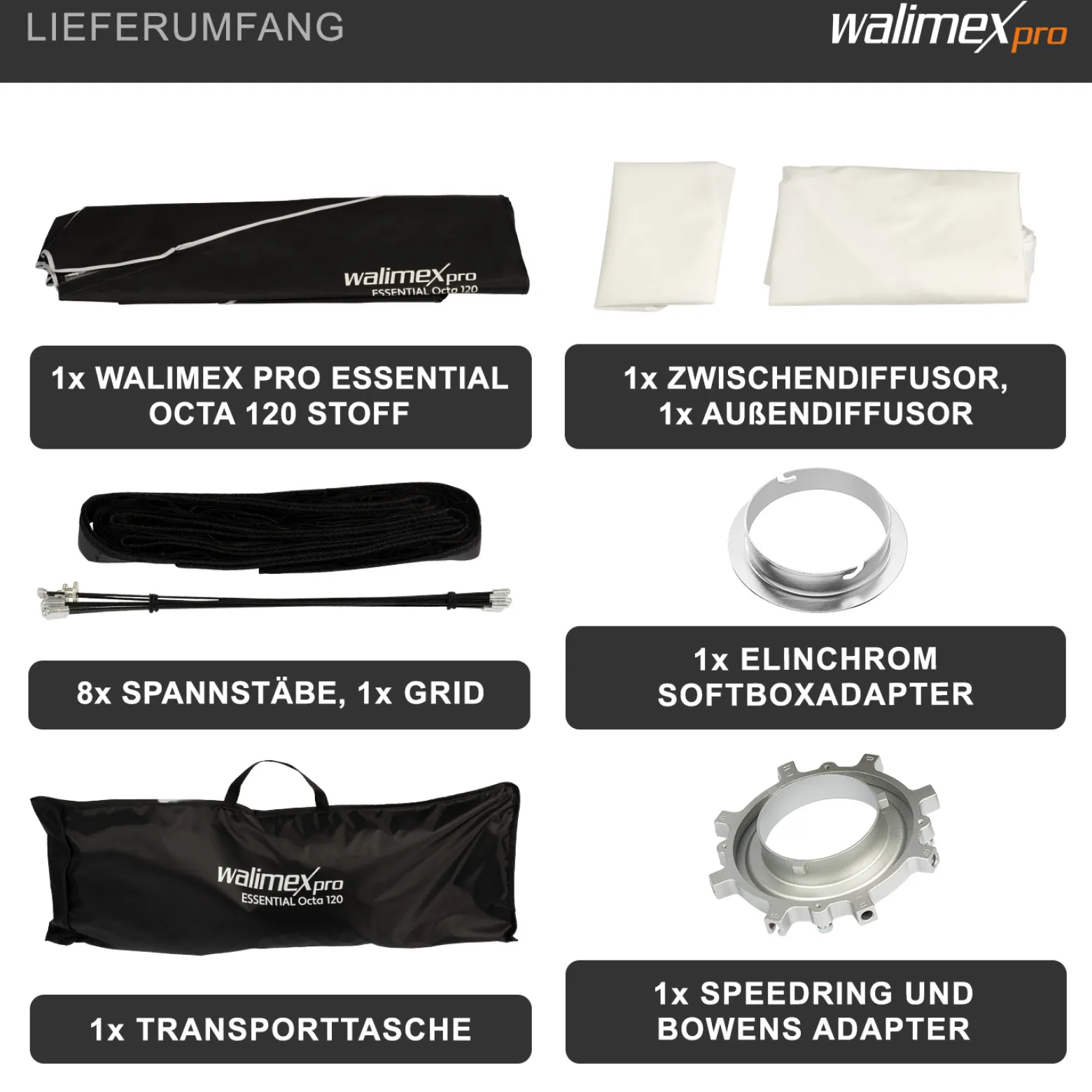 Walimex pro Essential Softbox Octagon 120cm + Adapter Elinchrom 15,2cm, 360°, einfacher Aufbau, inkl. Grid, Bowens Adapter und Transporttasche, ideal für Porträts und Beauty-Aufnahmen