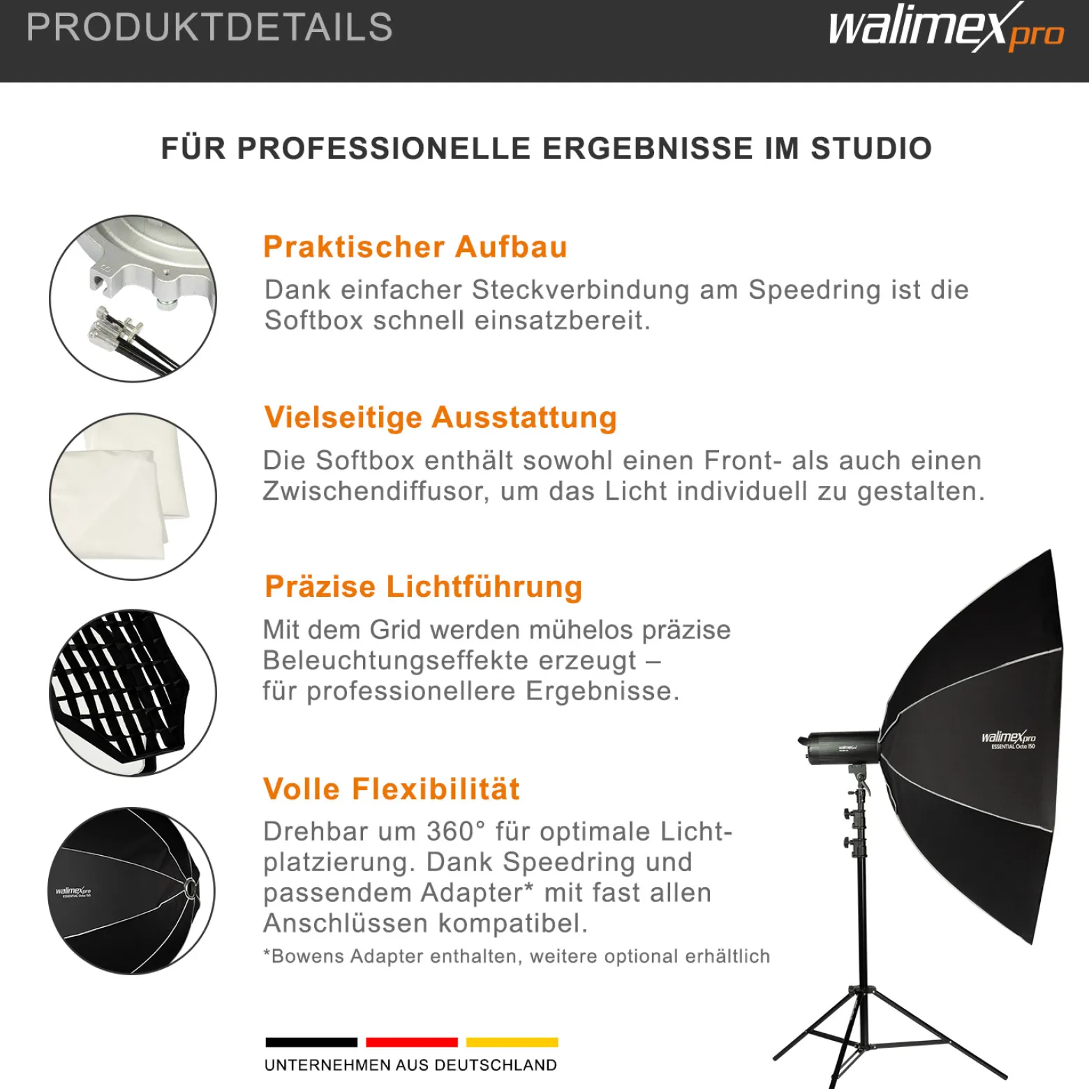 Walimex pro Essential Softbox Octagon 150cm + Adapter Elinchrom 15,2cm, 360°, einfacher Aufbau, inkl. Grid, Bowens Adapter und Transporttasche, ideal für Porträts und Beauty-Aufnahmen